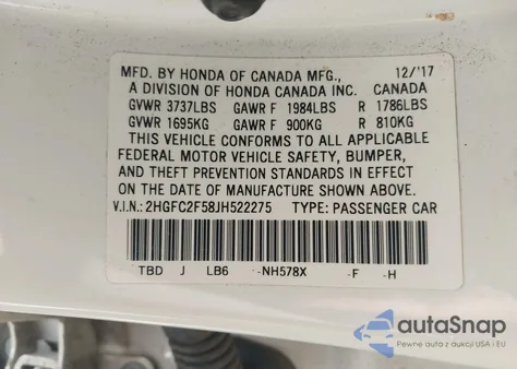 2018 Honda Civic Lx z USA, uszkodzony, nr VIN 2HGFC2F58JH522275